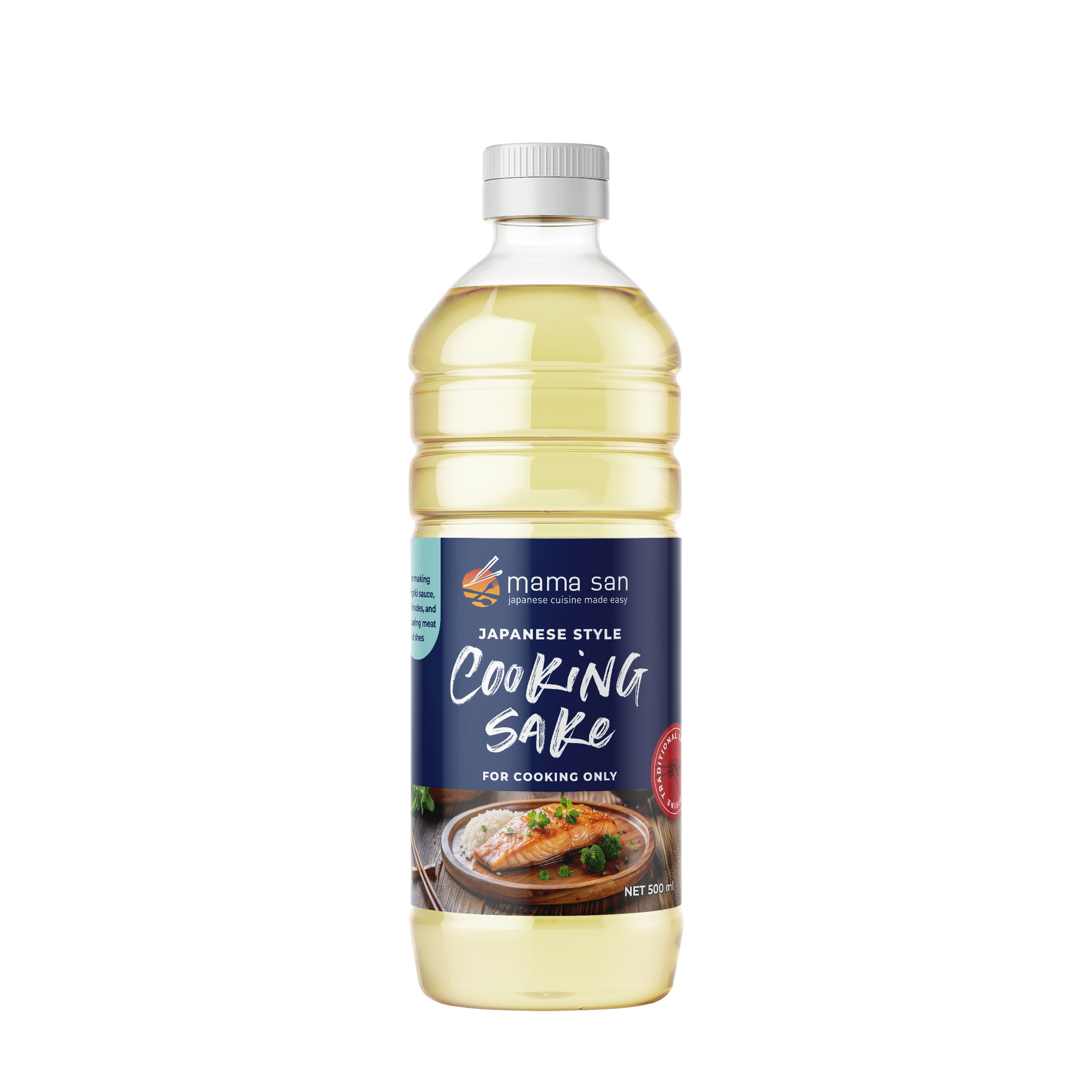 A bottle of Mizkan Japanese Style Cooking Sake with a blue label featuring an image of cooked fish on a wooden plate.