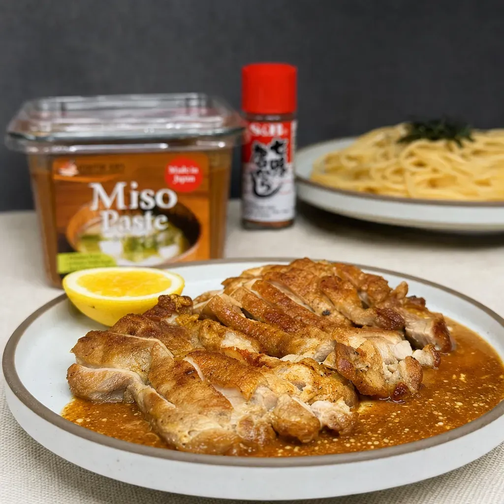 Miso-glazed chicken cutlets on rice with lemon, miso paste, and noodles in the background