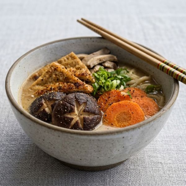 Bowl of noodle soup with mushrooms, carrots, green onions, and chopsticks on a light cloth