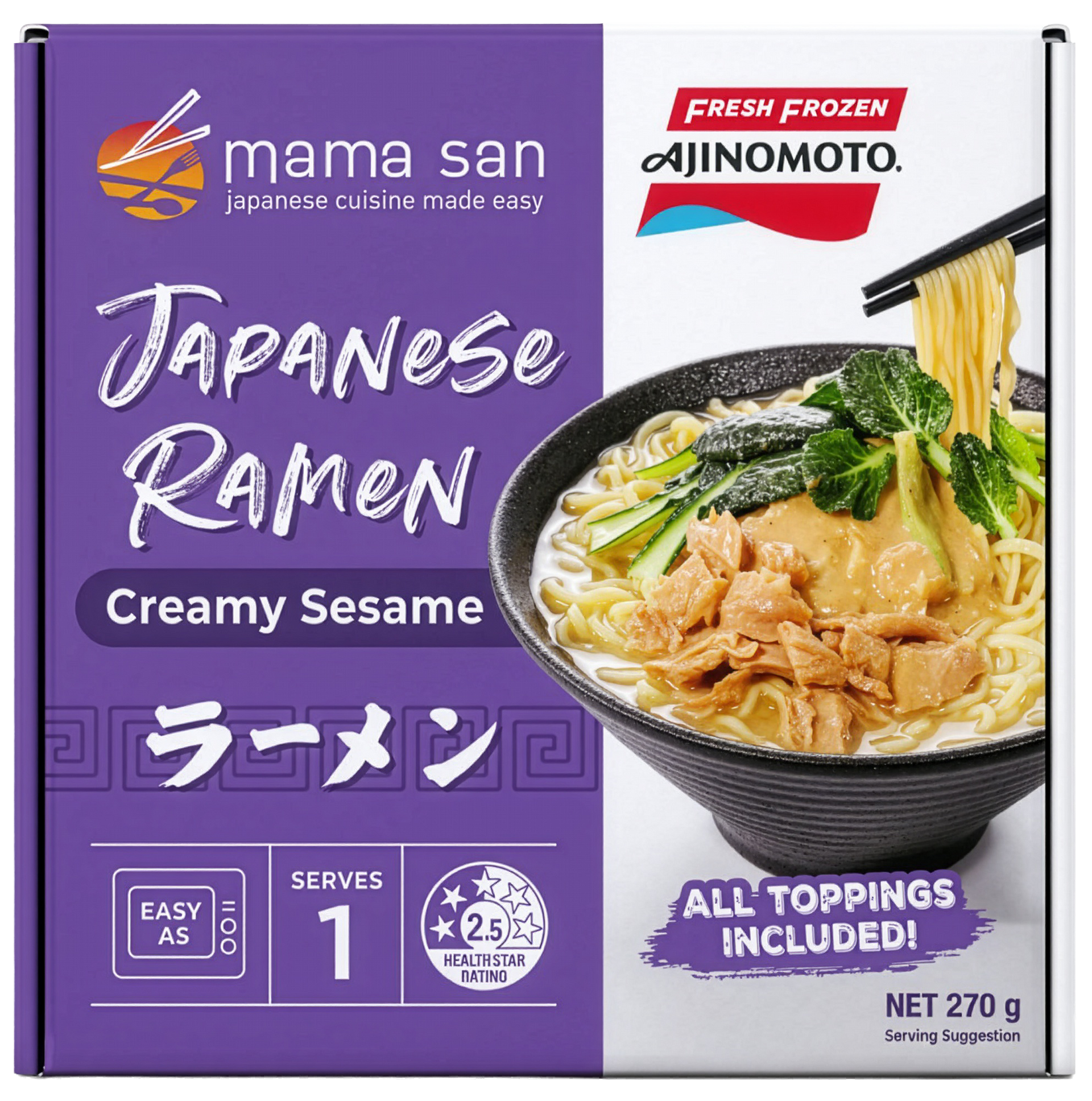 Box of Ajinomoto Mama San Creamy Sesame Japanese Ramen, a frozen meal with toppings, 270g, serving one.