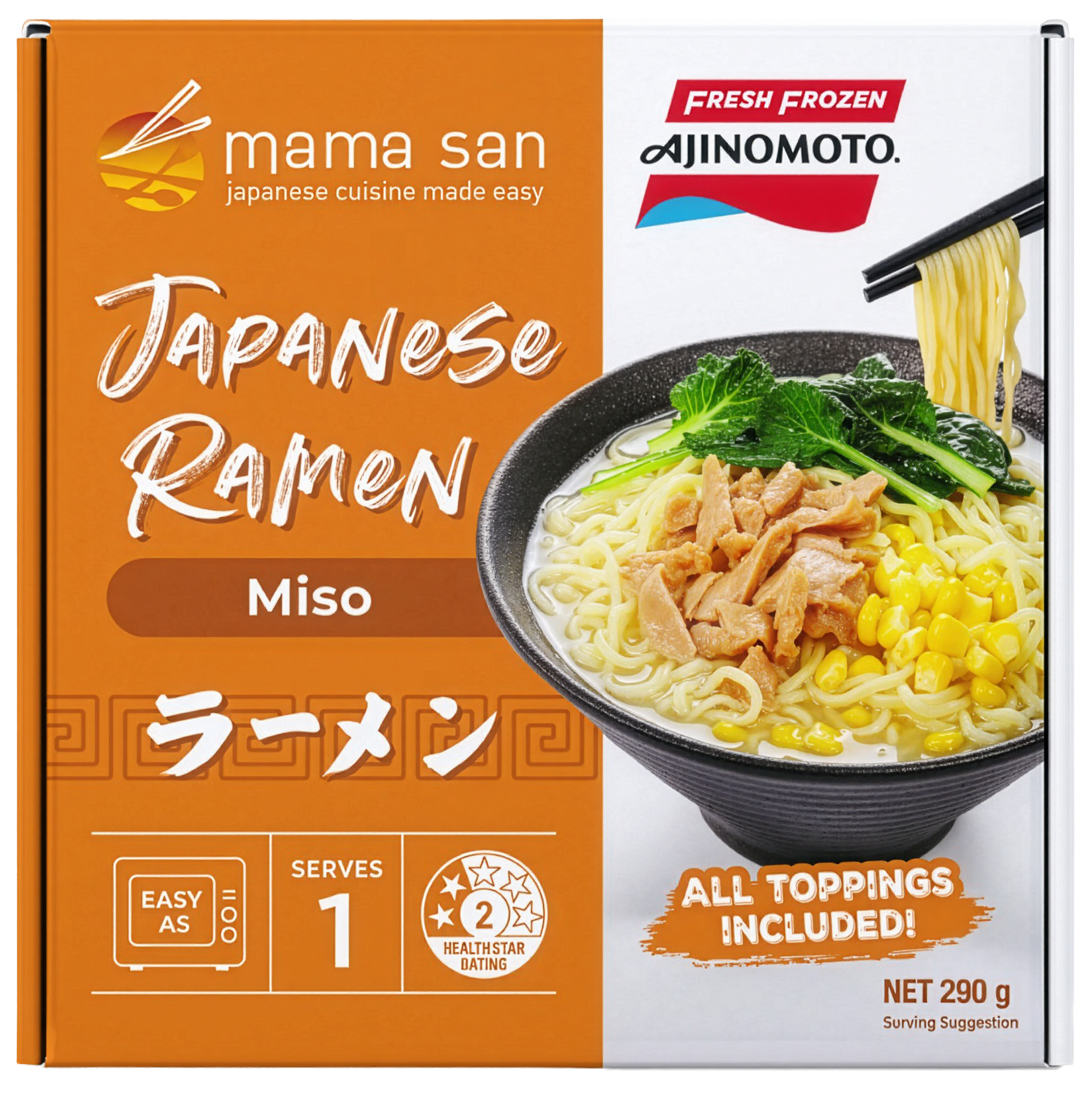 A Mama San Japanese Miso Ramen frozen food box featuring an image of a prepared bowl of ramen with noodles and toppings.