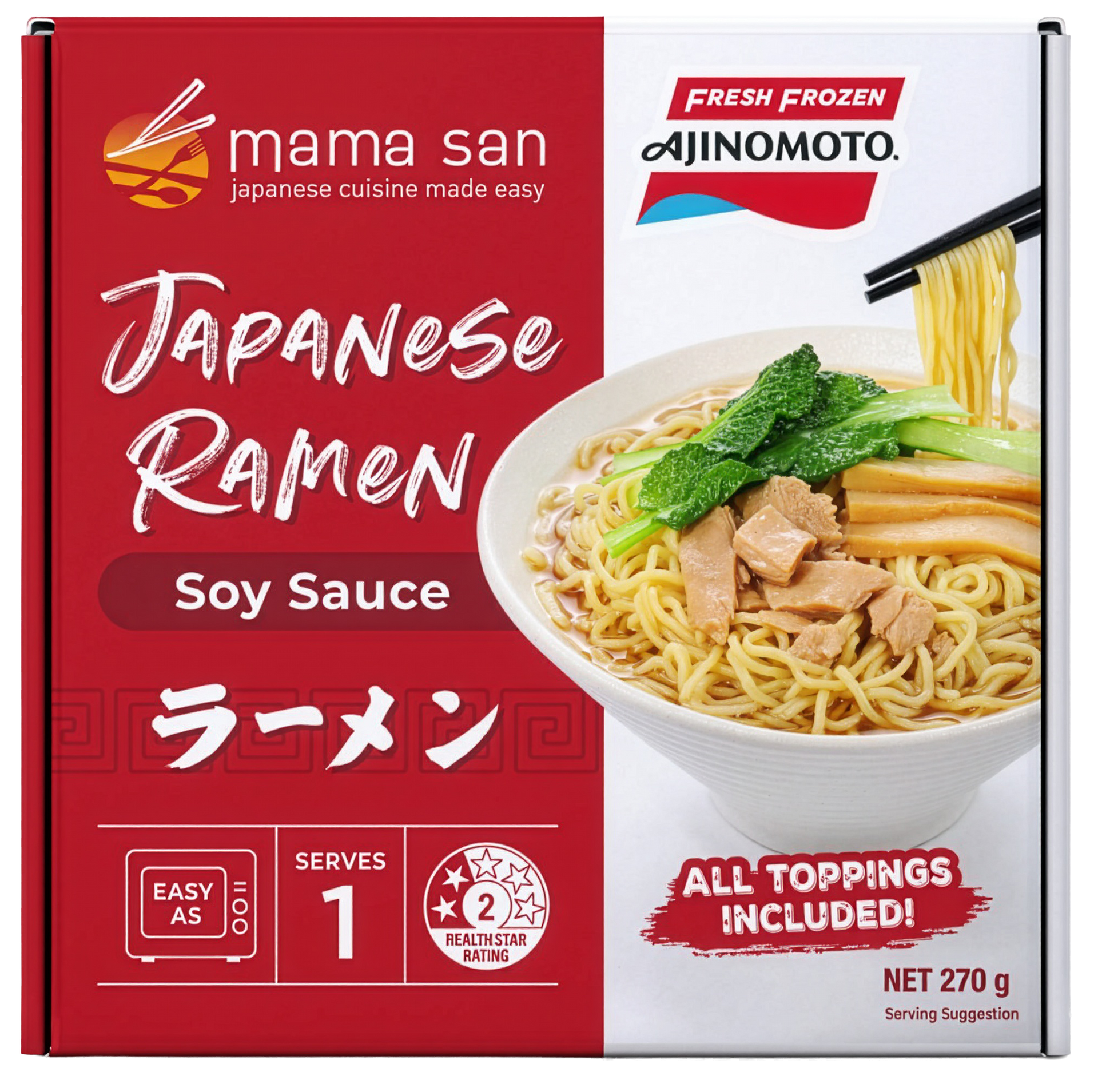 A box of Mama San Ajinomoto soy sauce Japanese ramen with a serving suggestion of ramen in a bowl.