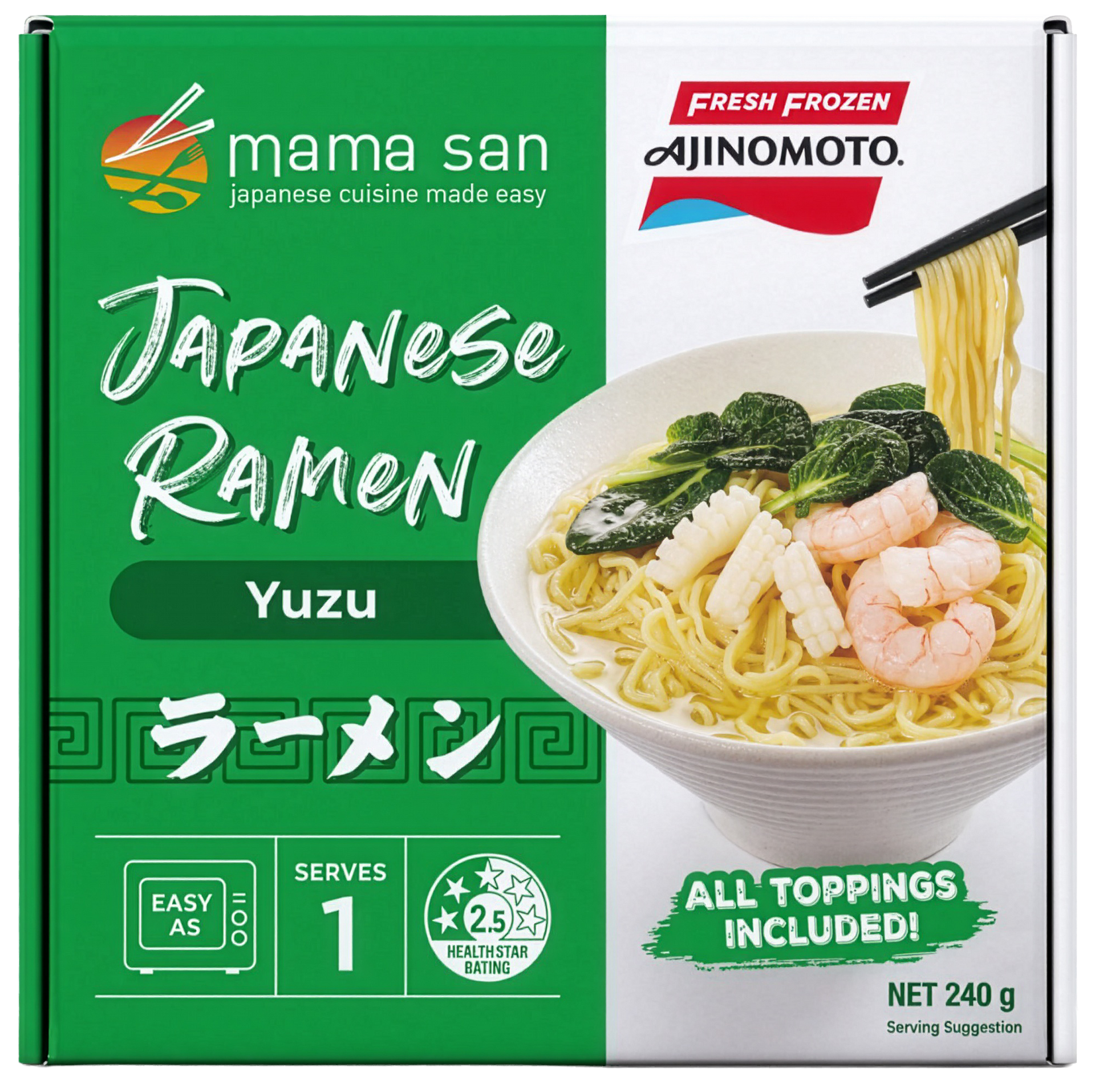 A box of Mama San Yuzu Japanese Ramen featuring a bowl of noodles with shrimp and greens, set against a green background.