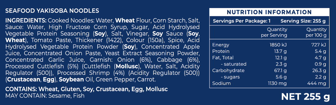 Nutrition information and ingredients label for Stir-Fried Kimchi Noodles, featuring a table of values and allergen list.