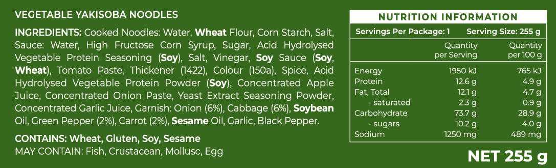 Nutrition label for Vegetable Yakisoba Noodles on a dark green background, listing ingredients and nutrition information.