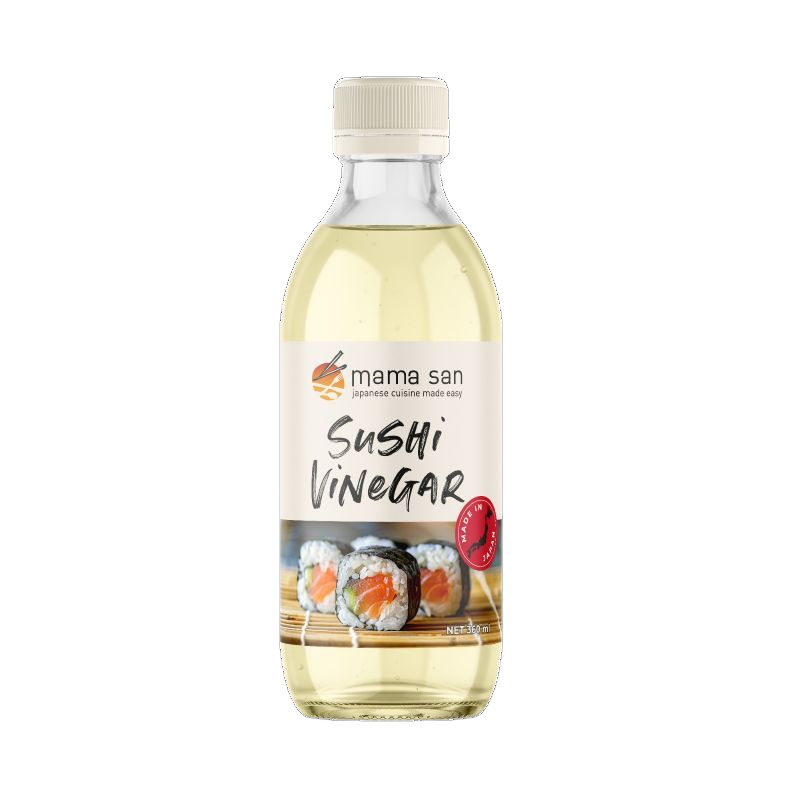 Bottle of Mama Sita’s sushi vinegar with white label and pale yellow liquid