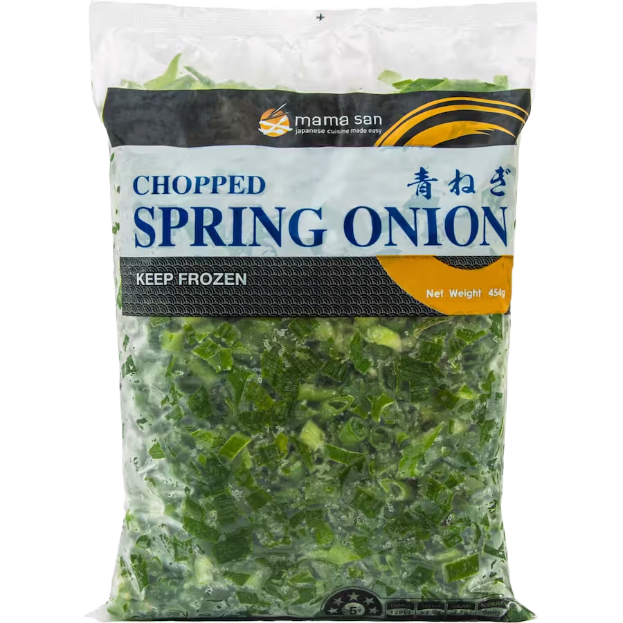 A clear plastic bag of frozen chopped spring onions with a brand logo and text label on a white background.