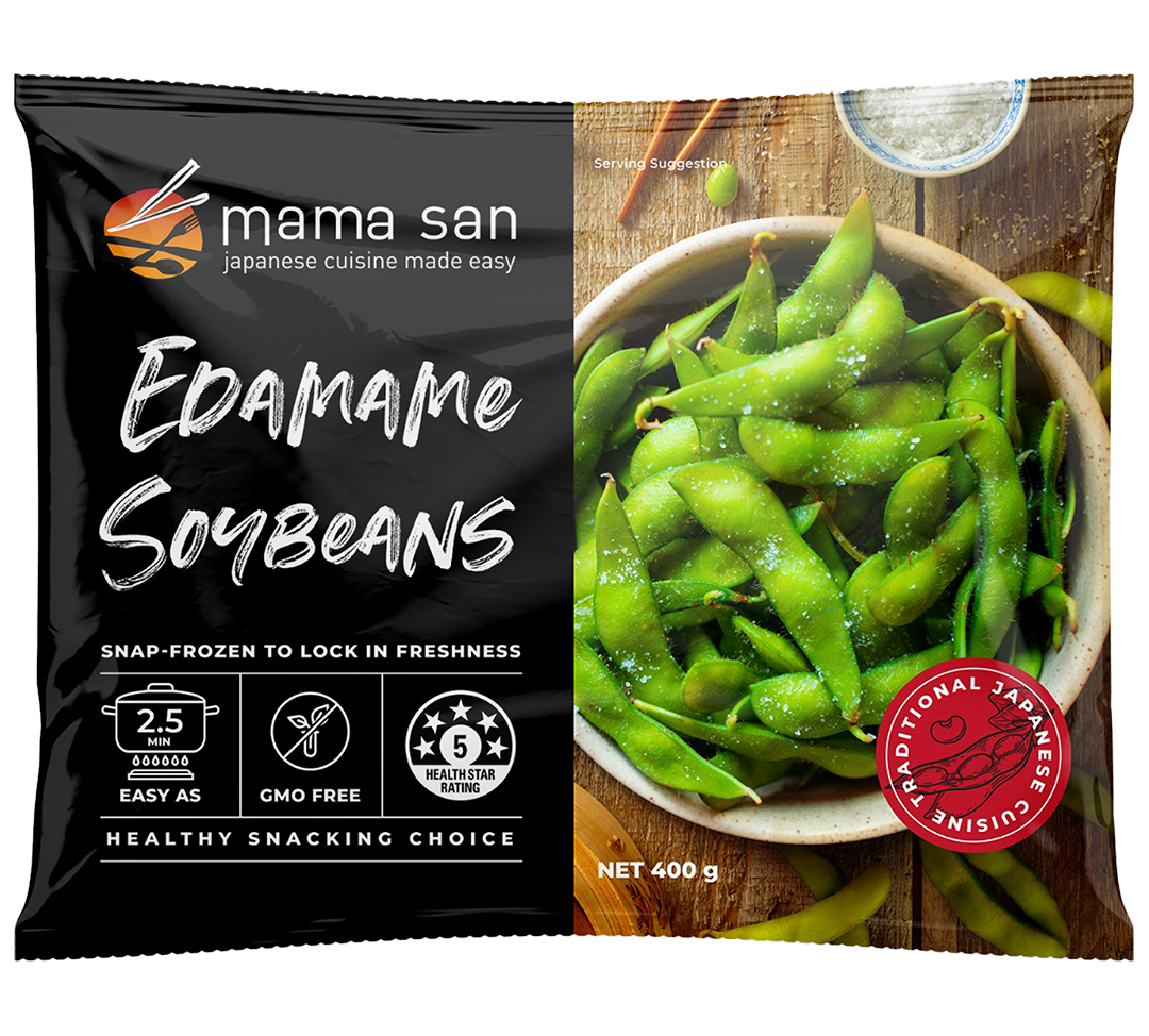 A black bag of Mama San brand frozen edamame soybeans, featuring a photo of a bowl of green salted soybeans.