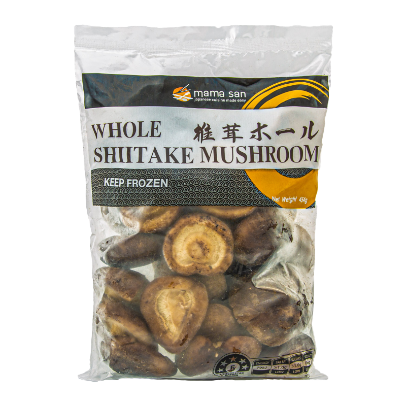 A clear plastic bag filled with frozen, whole shiitake mushrooms, labeled 