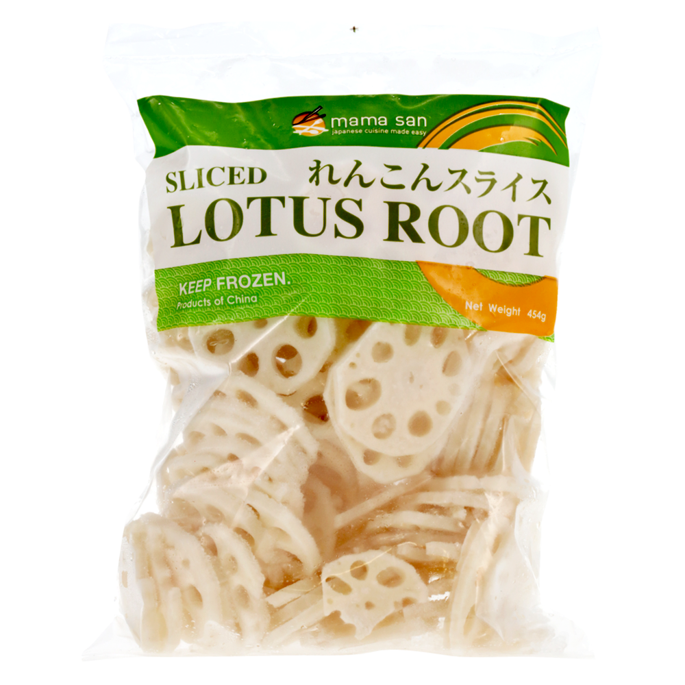 A bag of Mama San brand sliced frozen lotus root with a white label and green accents.