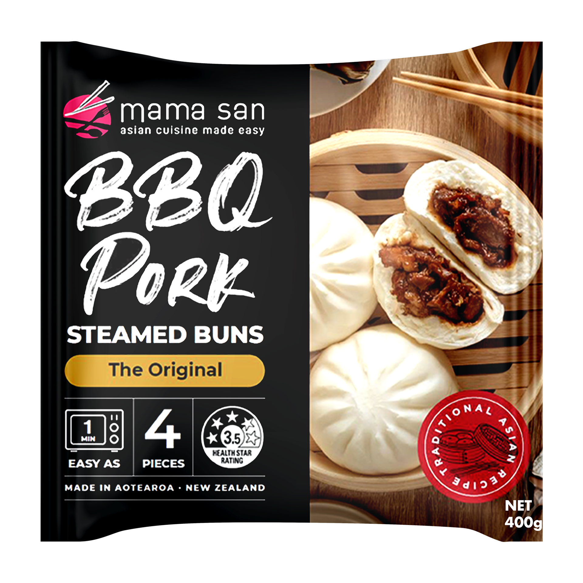 Packaging for Mama San BBQ Pork Steamed Buns featuring four white buns and a 3.5 health star rating. Net weight 400g.