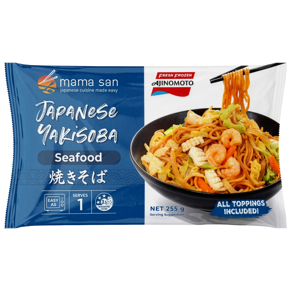 A package of Mama San Seafood Japanese Yakisoba featuring a bowl of stir-fried noodles with shrimp and vegetables.