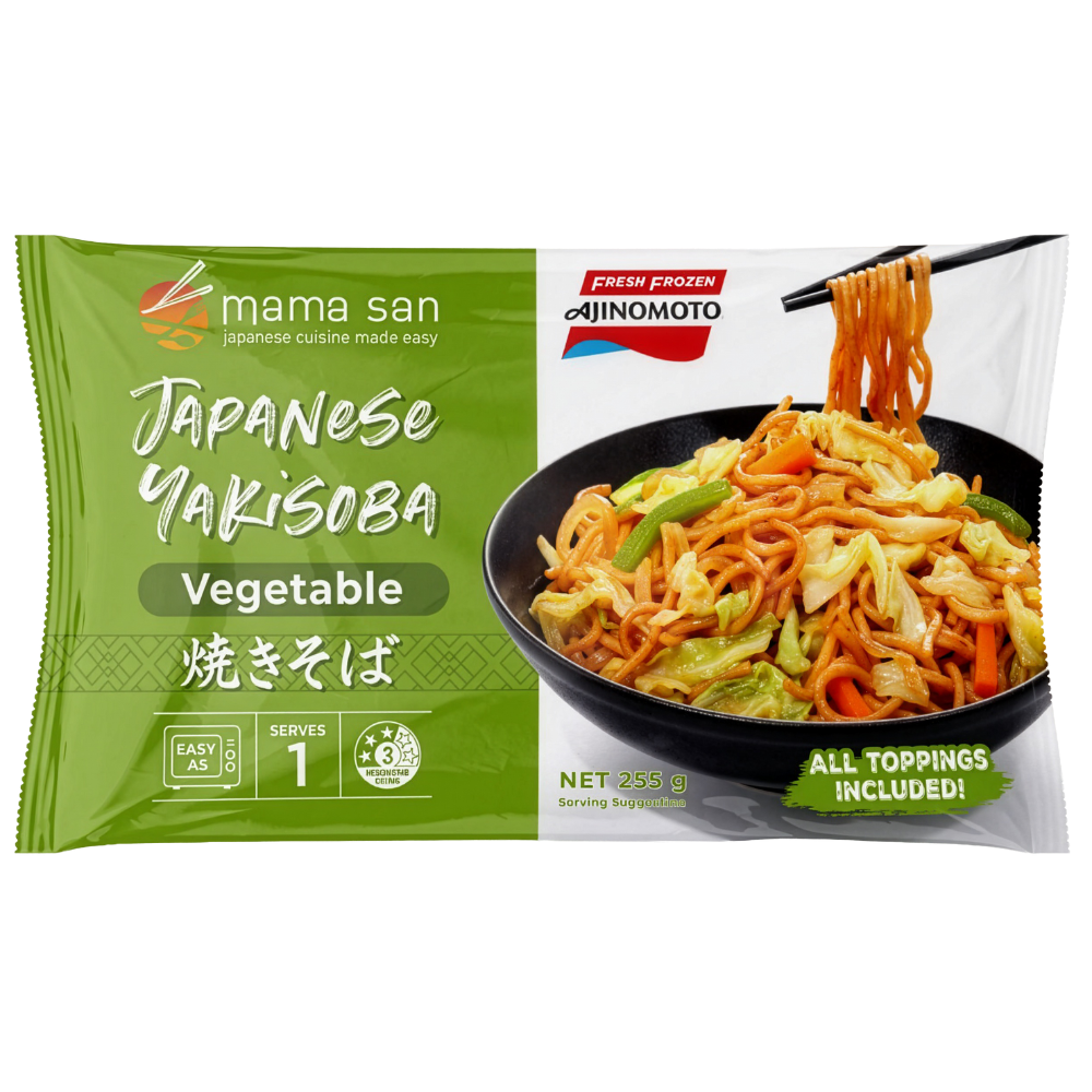 A Mama San vegetable Japanese yakisoba package by Ajinomoto, featuring a bowl of stir-fried noodles with vegetables.