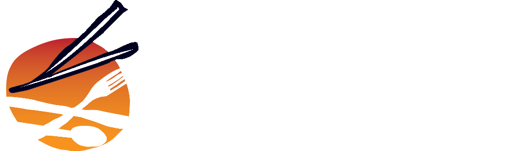 A circular logo featuring orange and yellow gradients, with crossed chopsticks, a fork, and a spoon.