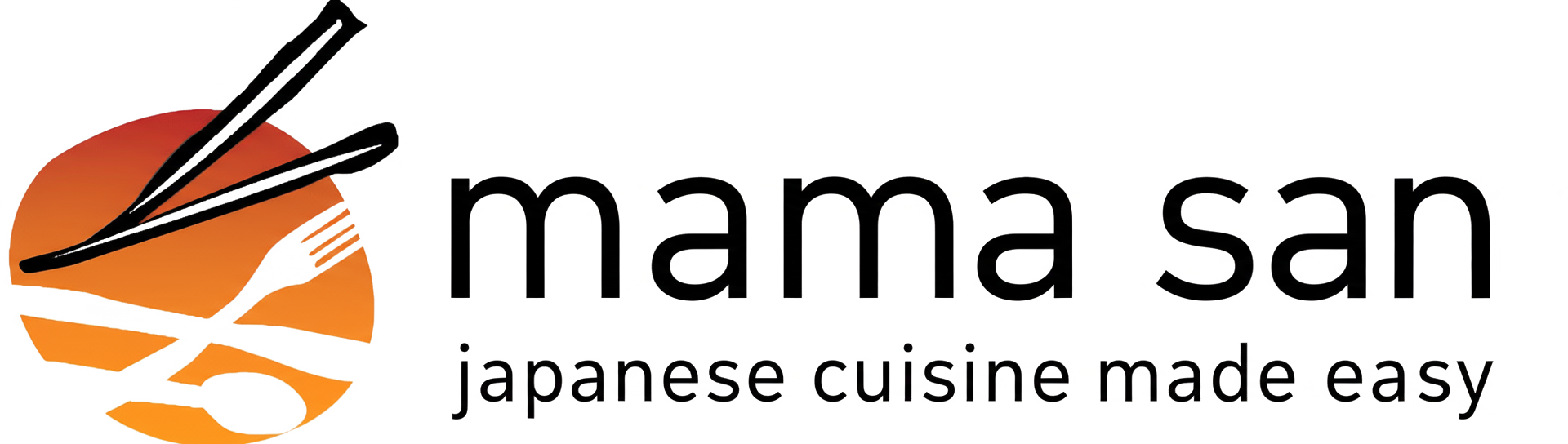Logo for Mama San featuring an orange circle with icons of chopsticks, a fork, and a spoon, with the text 
