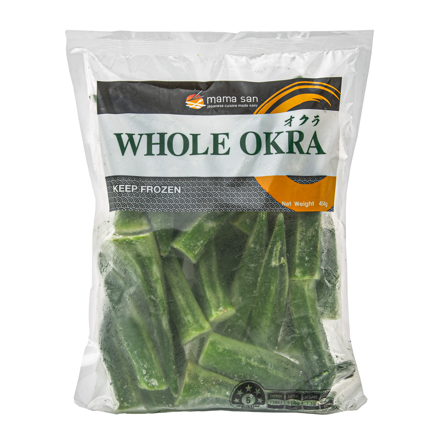 A clear plastic bag of frozen whole okra, labeled with the brand Mama San, containing several green okra pods.