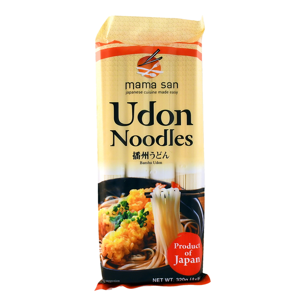 Package of Mama San Udon Noodles, yellow bag with bowl of udon and red “Product of Japan” label