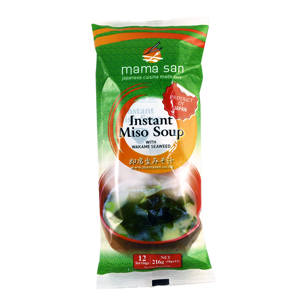 A green and orange packet of Mama San instant miso soup with wakame seaweed, featuring a bowl of miso soup on the front.