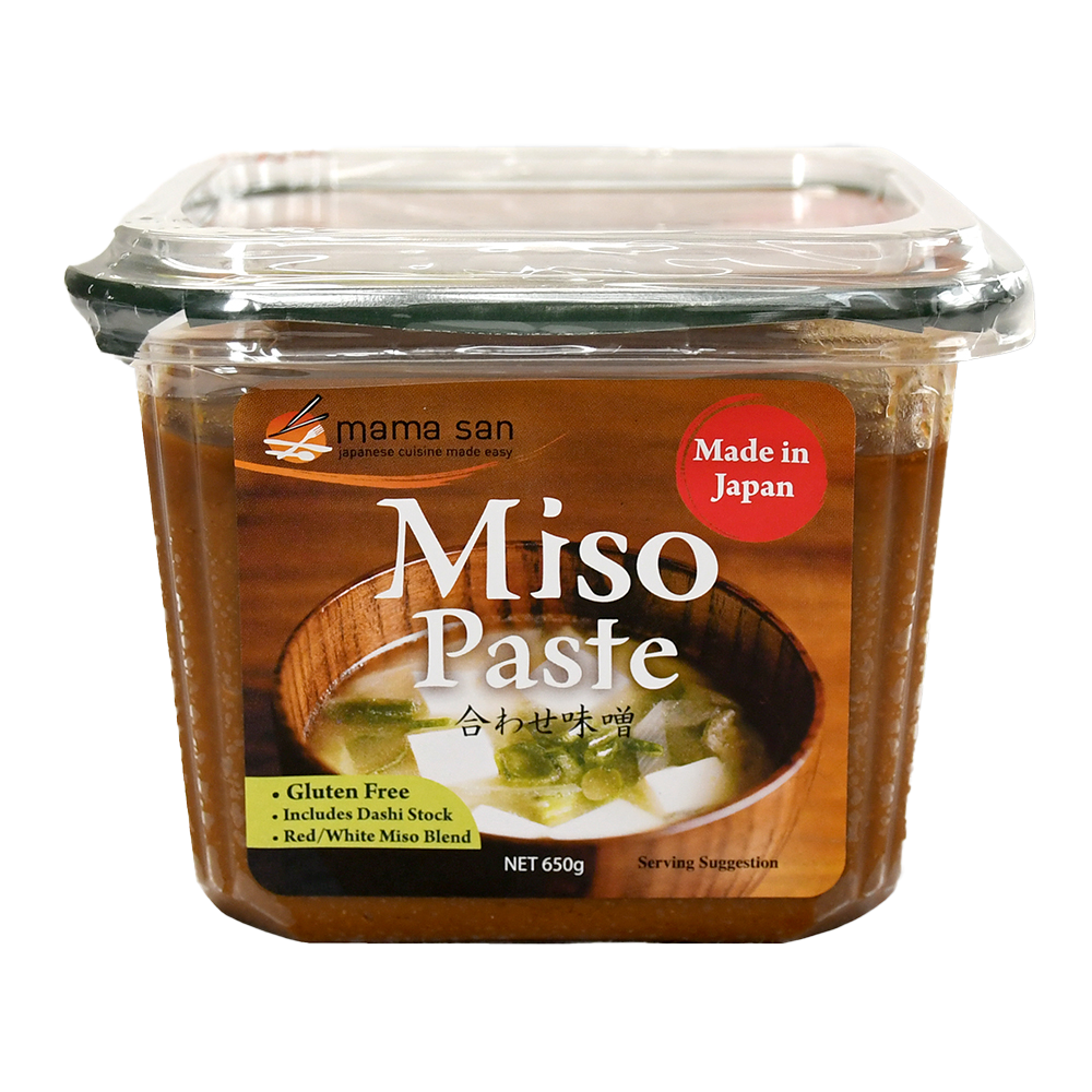 Miso paste in a glass jar with a white lid and red “Made in Japan” label