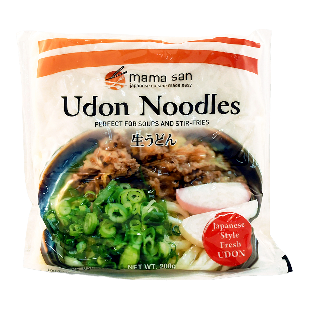 A package of Mama San brand fresh Udon noodles, featuring an image of a bowl of udon topped with green onions and meat.