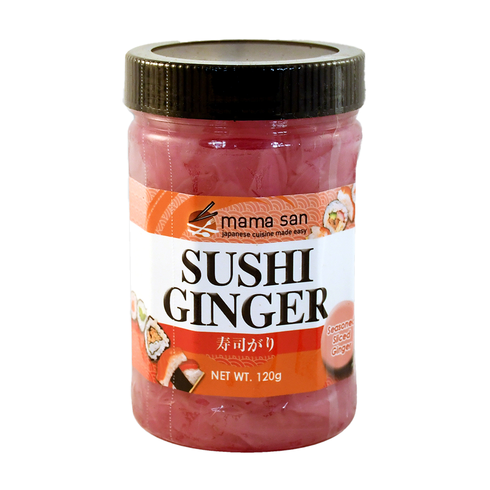 A jar of Mama San pink sushi ginger with a black lid and an orange label featuring sushi illustrations.