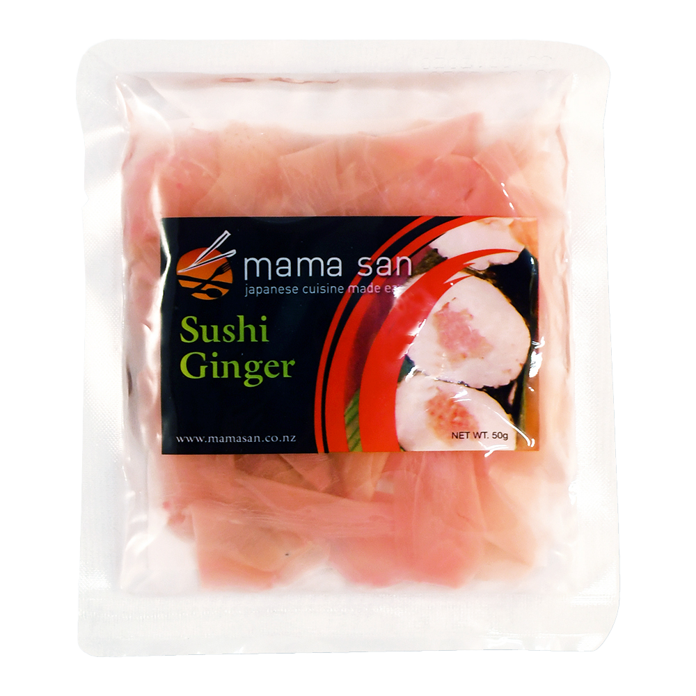 A vacuum-sealed clear plastic pouch containing light pink pickled sushi ginger, with a Mama San brand label on the front.