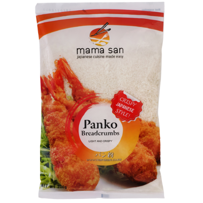 A package of Mama San Panko breadcrumbs, featuring a photo of fried shrimp on a white background with red accents.