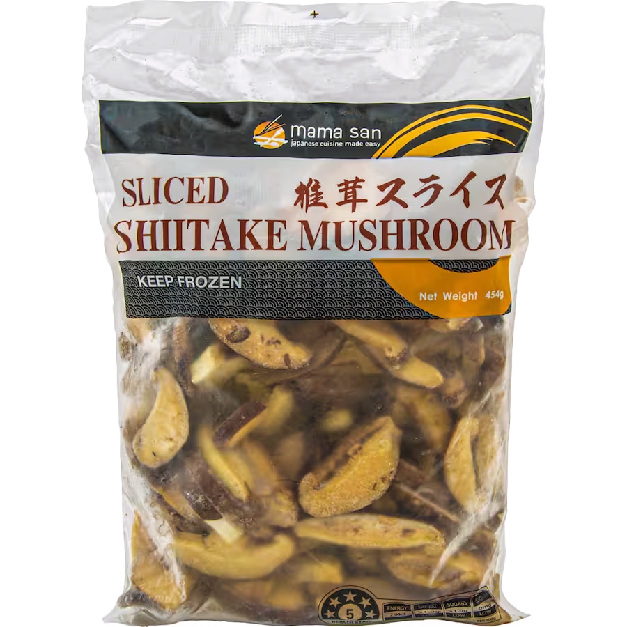 A plastic bag containing Mama San brand frozen sliced shiitake mushrooms.