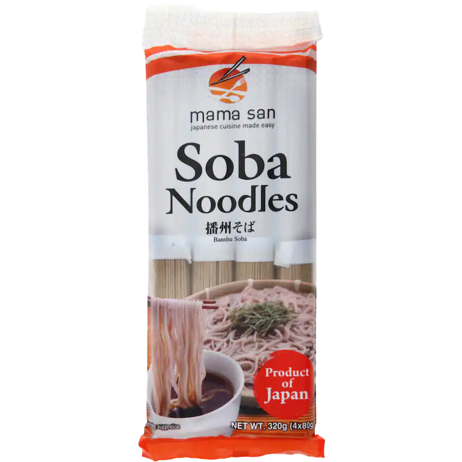 A vertical package of Mama San Soba Noodles with a bowl of cooked noodles and a red 