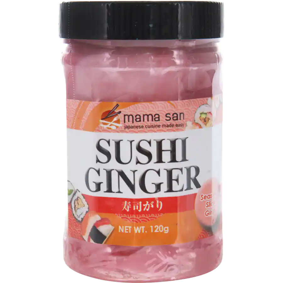 Jar of Mama San sushi ginger, pink in color, with label featuring sushi images.