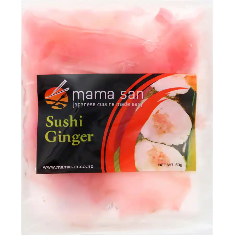Mama San sushi ginger in a clear plastic bag.