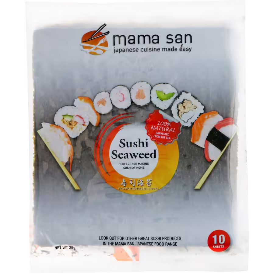 A package of Mama San sushi seaweed with a graphic of various sushi rolls and a red sticker indicating 10 sheets.