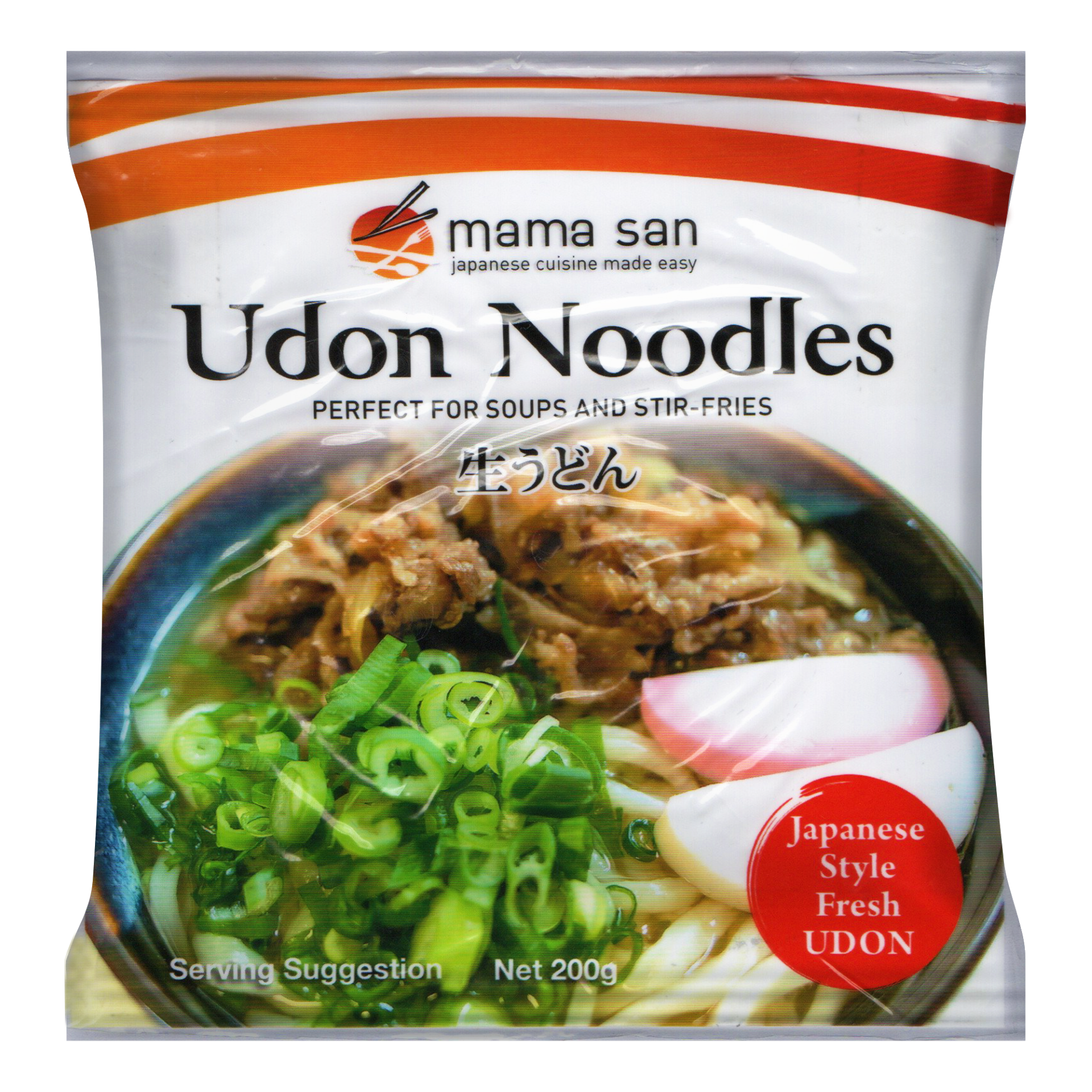 A 200g package of Mama San Japanese-style fresh udon noodles featuring a serving suggestion of udon in soup.