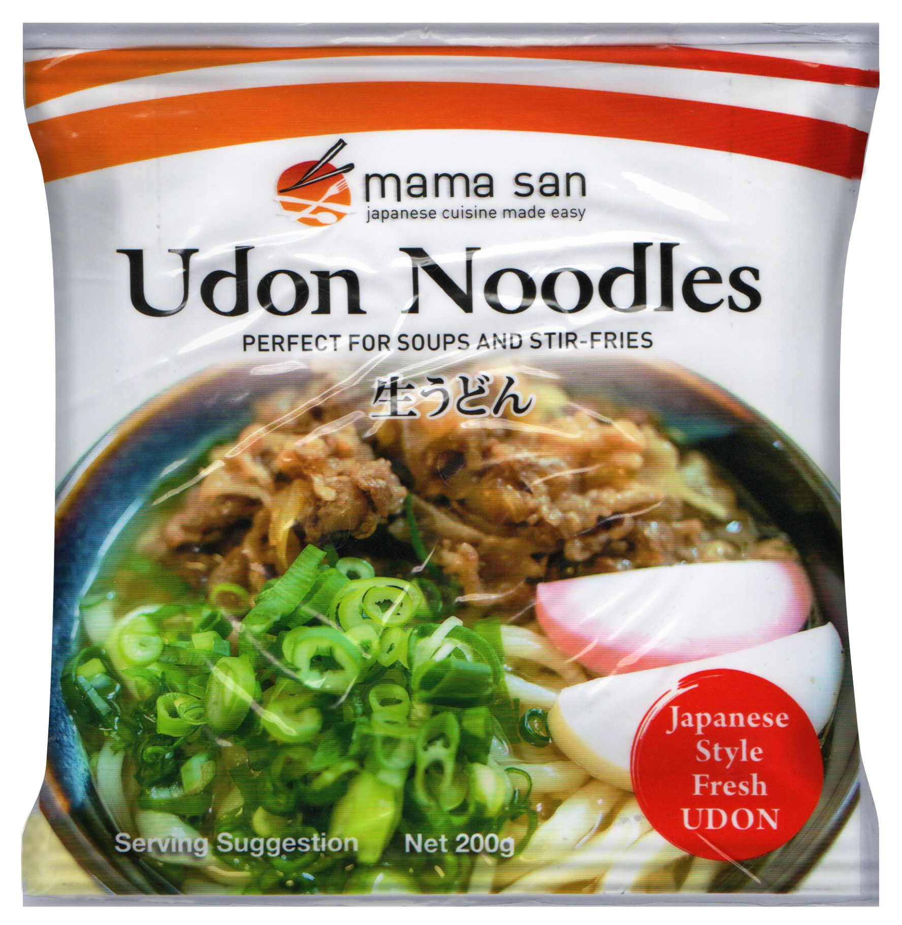 A 200g package of Mama San Udon Noodles with a serving suggestion image of udon noodle soup featuring scallions and fish cake.