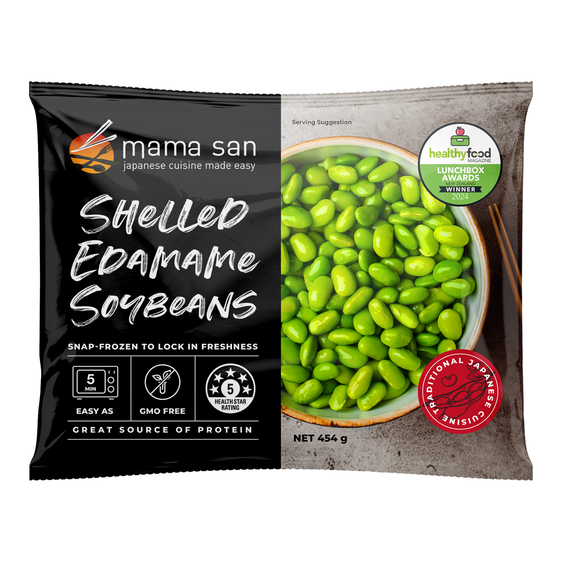 Package of Mama San shelled edamame soybeans with green beans shown in a bowl