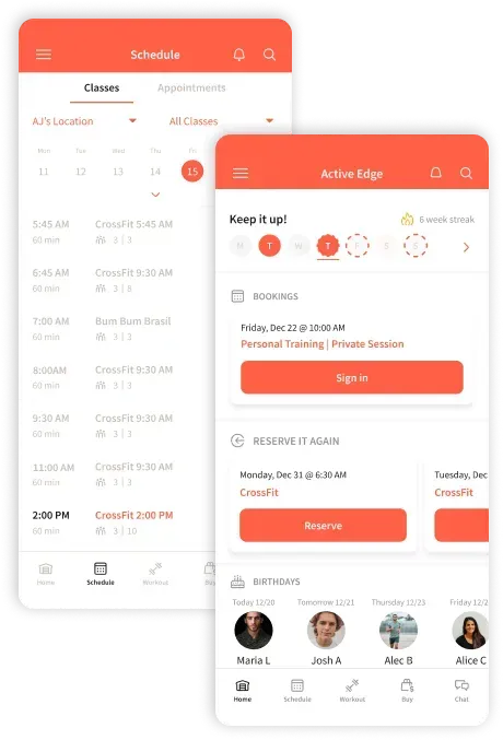 Two mobile app screens showing orange-and-white booking and schedule interfaces with buttons and calendar details