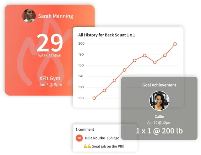 Fitness app dashboard with workout history chart, goal achievement card, and social comment notification