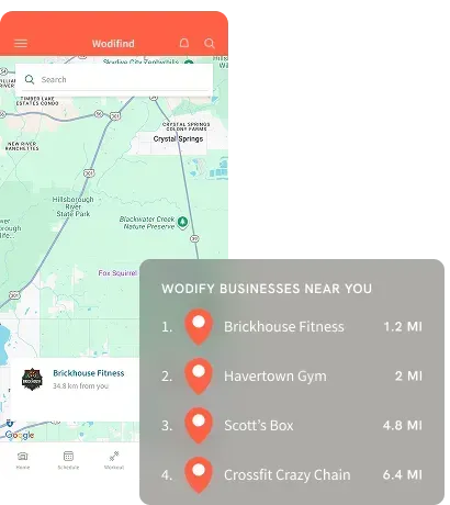 Mobile map app showing nearby businesses list over a map, with an orange header and location pins.