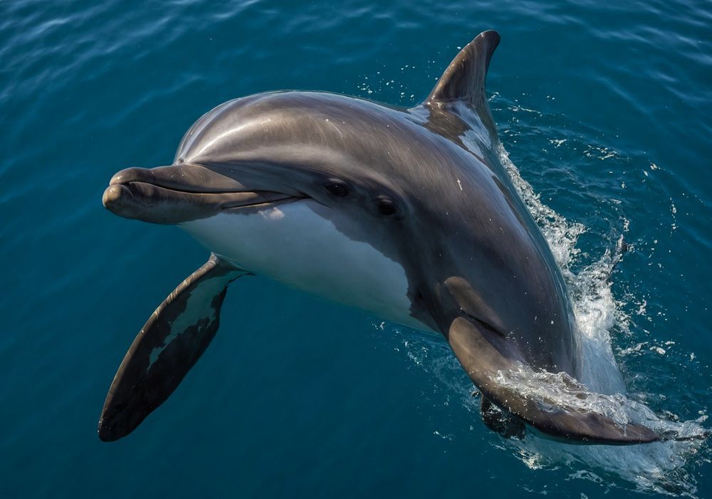 A dolphin is swimming in the ocean and looking at the camera.