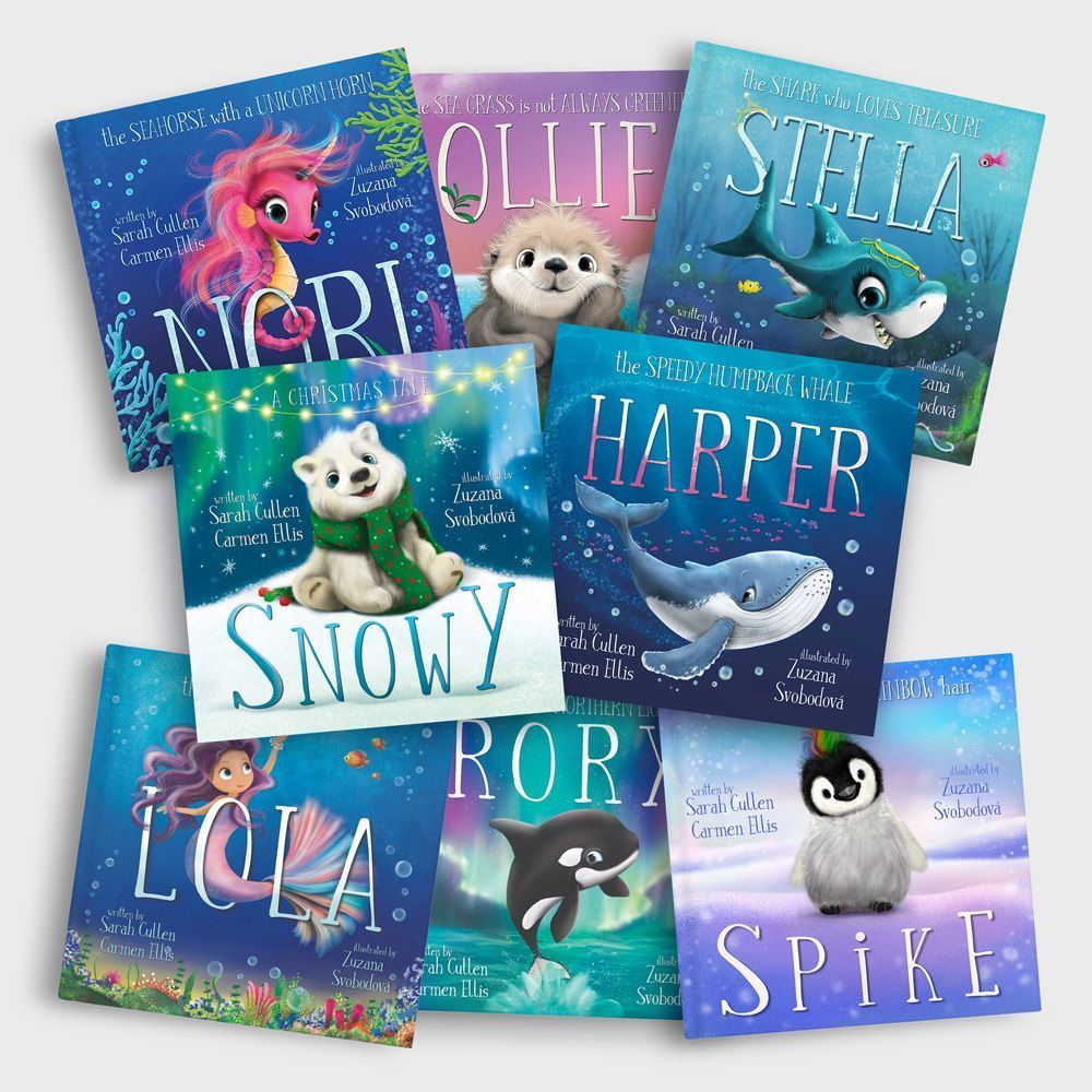 Collection of children's books featuring sea creatures and other animals, with vibrant illustrations and titles.