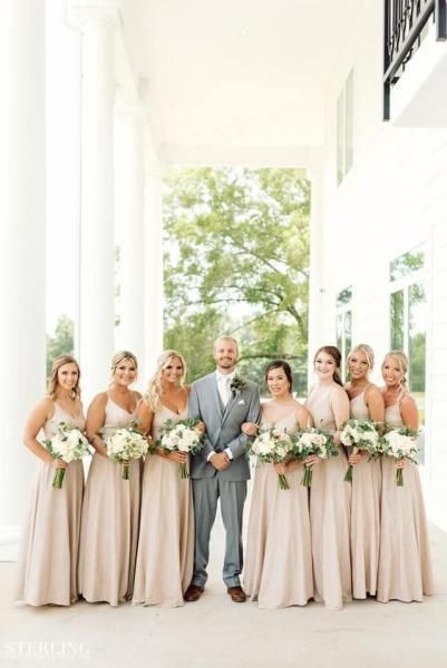 Wedding party standing in white columns, bridesmaids in blush dresses holding bouquets with a groom in gray suit.