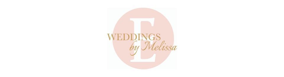 Wedding by Melissa logo with a gold letter E on a pale pink circle