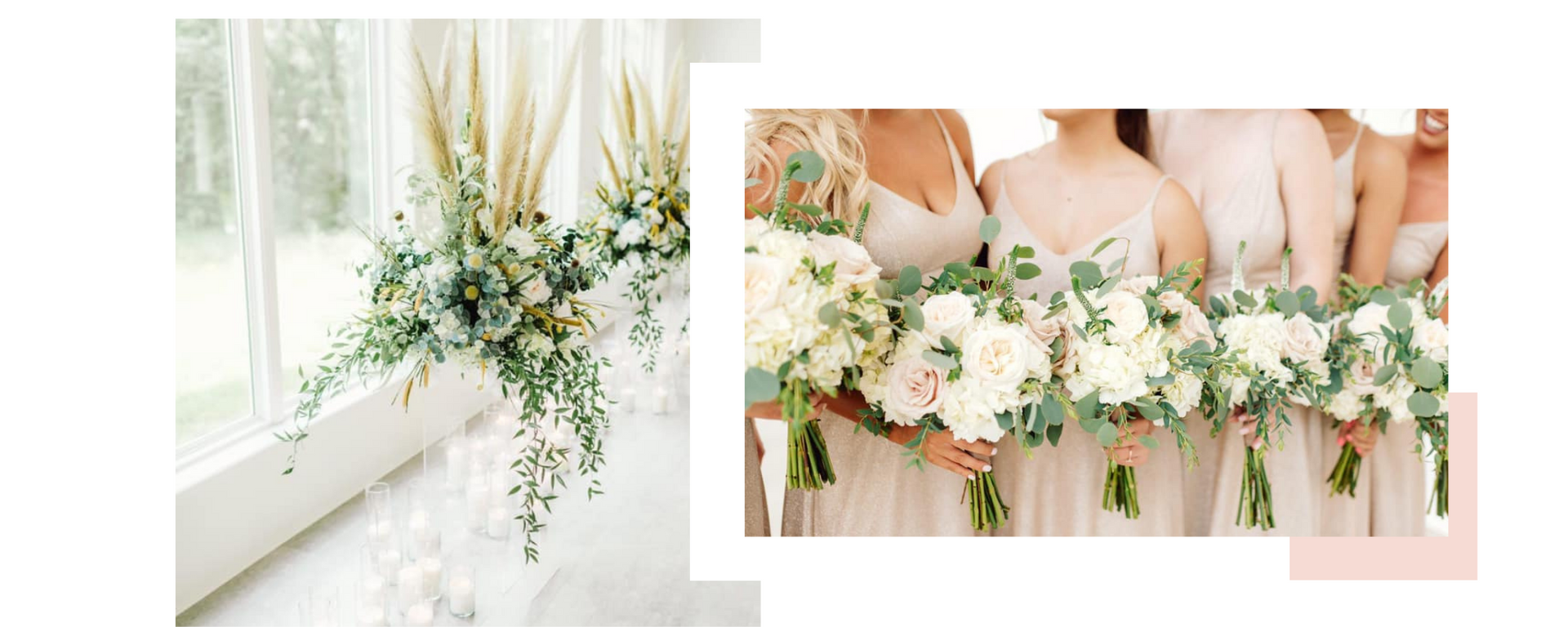 White and blush floral wedding decorations on a window and draped table setting