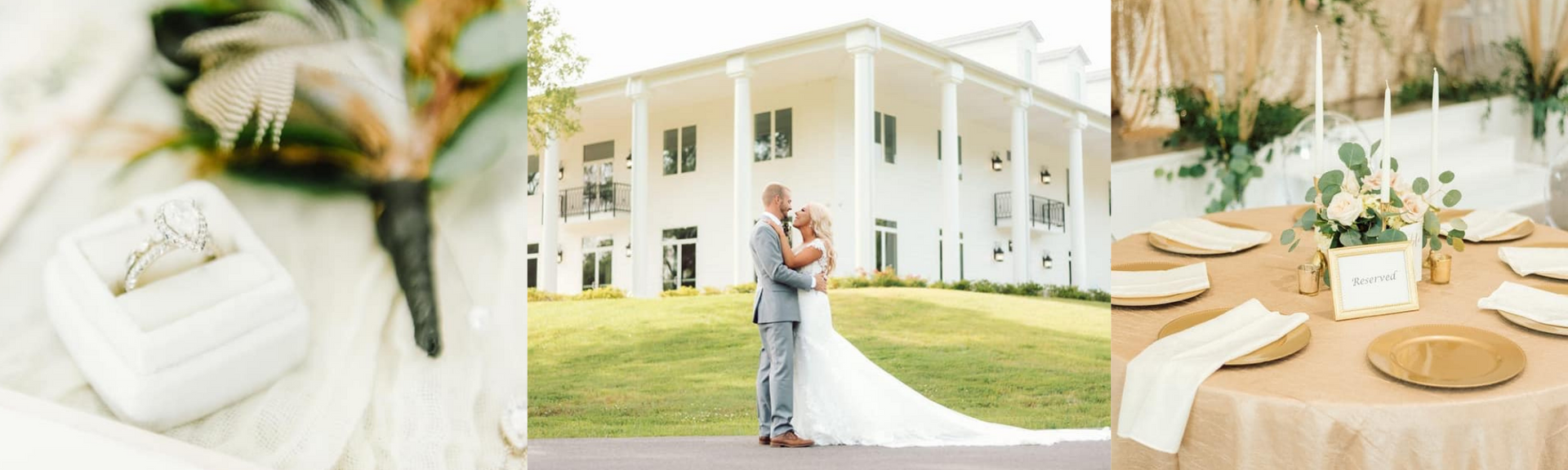 Pastel wedding collage with rings, a couple outside a white venue, and a candlelit reception table