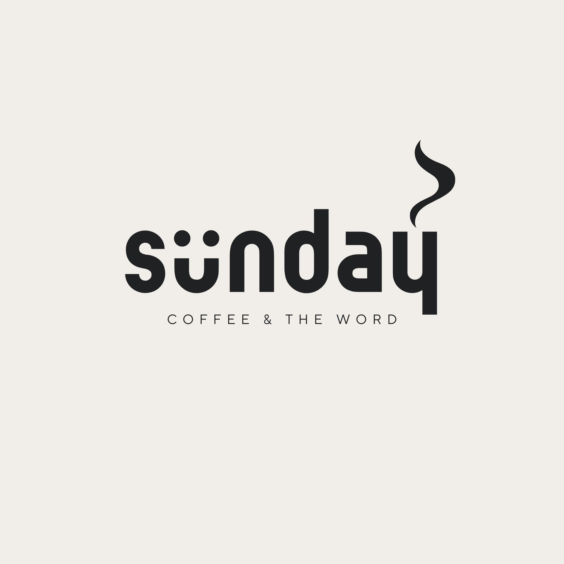 Black “sunday” logo with a steaming coffee cup and the words “COFFEE & THE WORD” underneath