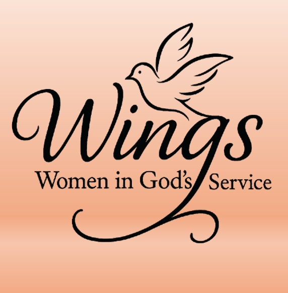 Wings logo with dove illustration and the words “Women in God’s Service” on a peach gradient background
