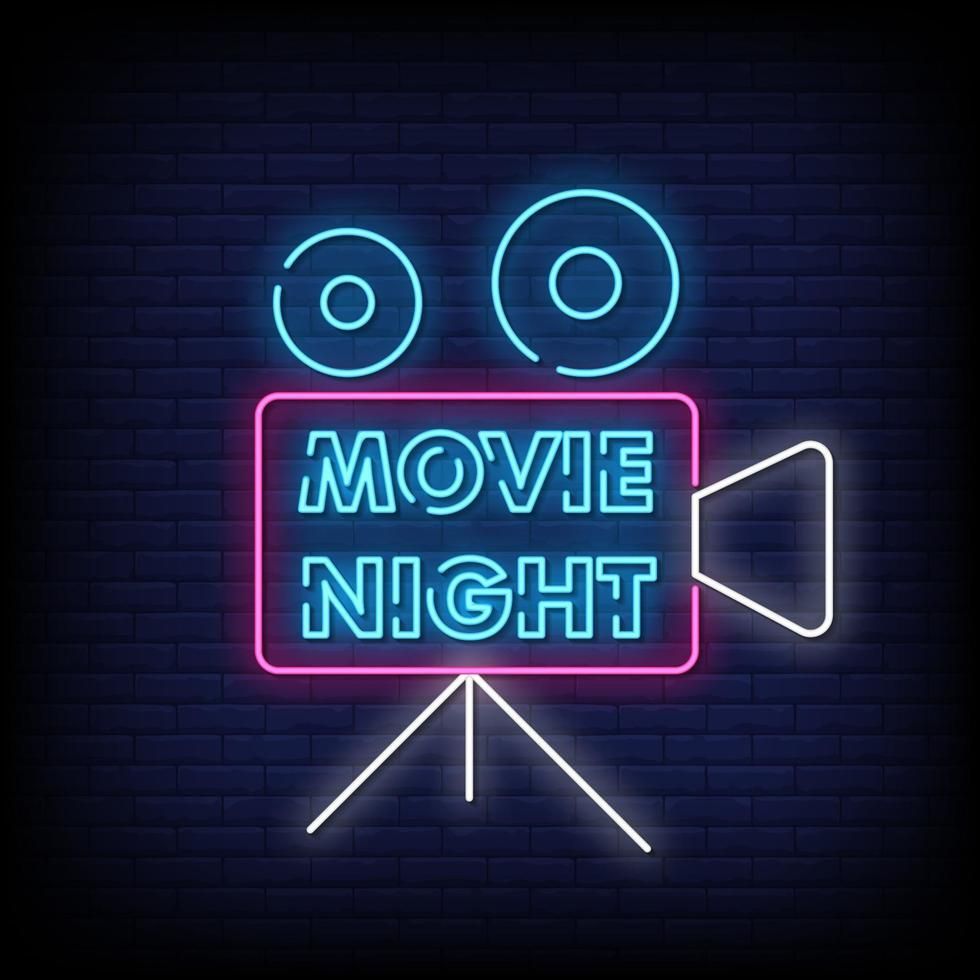 Neon movie camera icon with “MOVIE NIGHT” text on a dark brick wall background