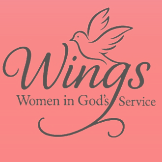 Pink logo with a dove and cursive text “Wings” above “Women in God’s Service”