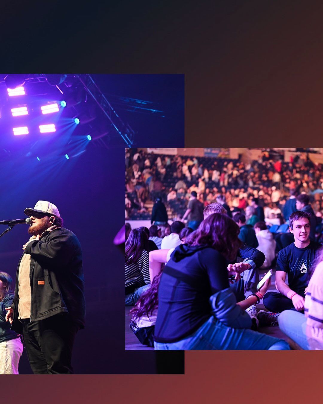 Singer performing on stage with purple lights, while audience members watch and chat in the foreground.