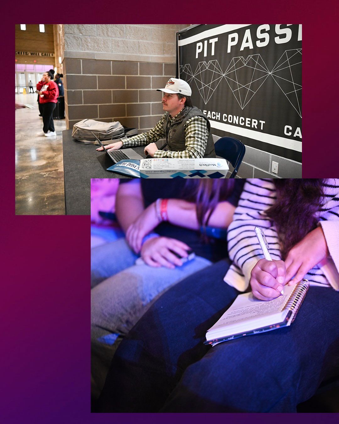 Two people writing in notebooks at a concert venue ticket booth with a black “Pit Pass” sign.